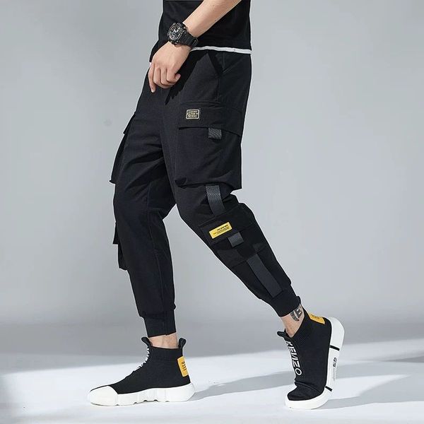 

2020 spring men harem pants black hip hop joggers multi-pocket ribbons man sweatpants streetwear casual mens cargo pants m-5xl