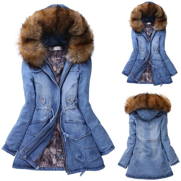 

winter coat women denim jacket womens long thick fur collar hooded down jacket slim winter warm jeans coat 2019 abrigo mujer, Black