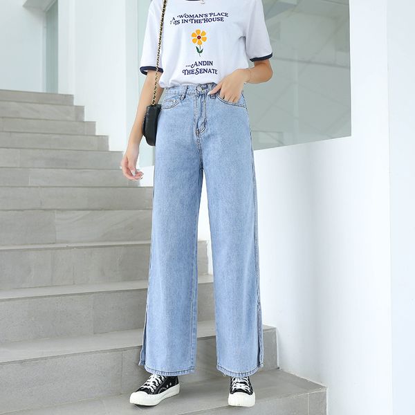 

rolled up mom jeans streetwear women casual loose solid pants and trousers 2019 spring split basics jeans, Blue