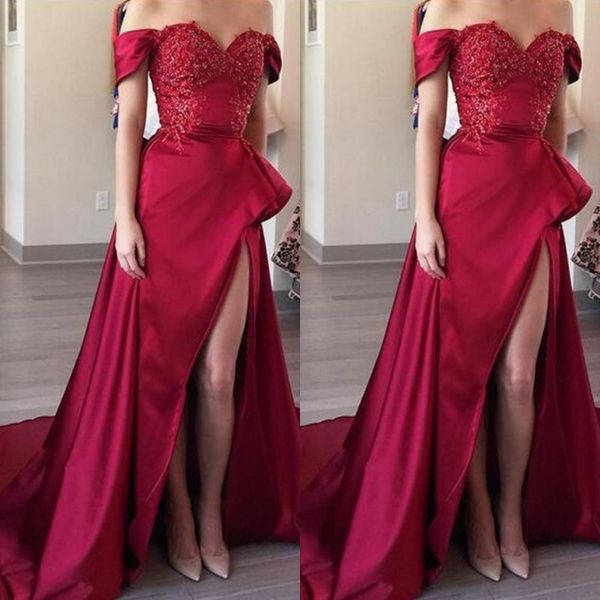 

2020 burgundy off the shoulder dark red prom dress with slit elegant sweetheart lace appliques beads satin evening gown, Black