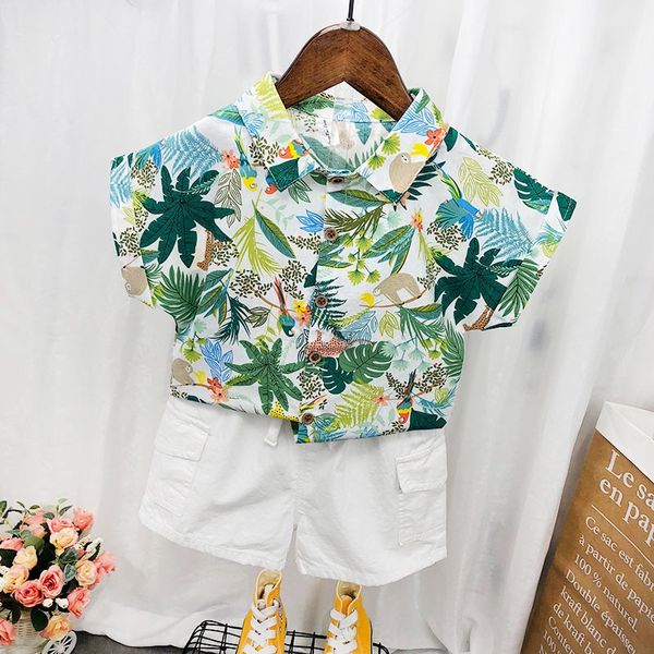 

children's shirt short-sleeved summer dress western-style printed shirt men's and women's casual suit, White;black