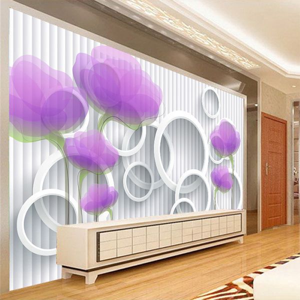 

drop shipping custom p wallpaper papel de pared 3d purple flower circle stripe mural wall papers home decor wallpaper