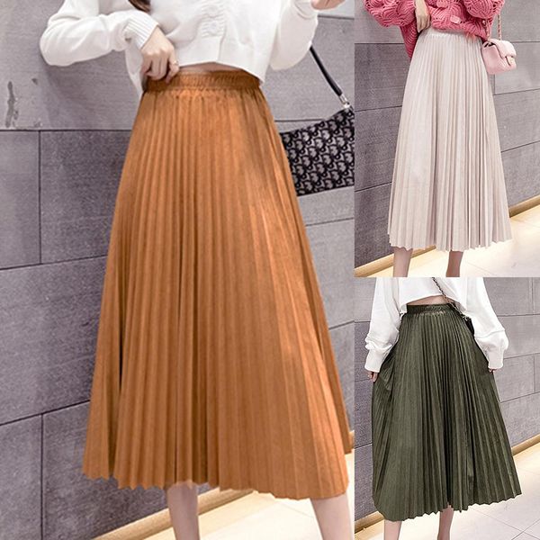 

autumn women long mkorean ladies high waist pleated skirt fashion casual suede pleated midi skirt long, Black