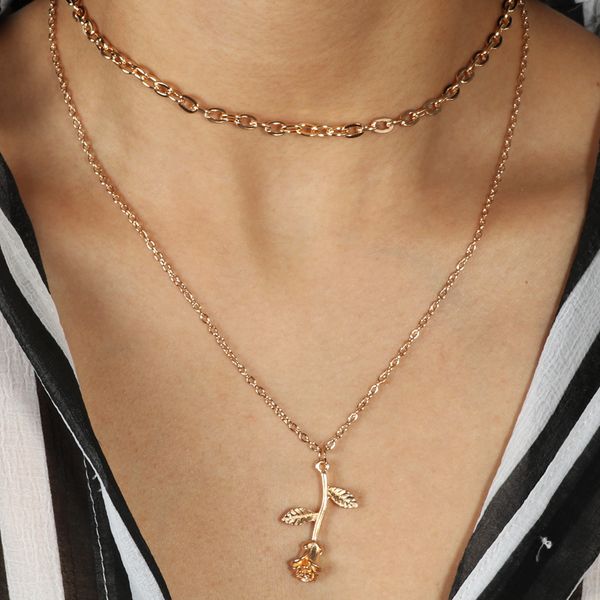 

punk style long statement chain necklaces alloy rose flowers pendants necklaces for women lover diy jewelry femme bijuterias, Golden;silver