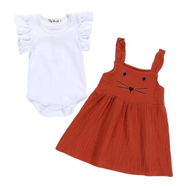 

newborn infant girls dresses sets summer baby girl clothes ruffle romper +cute strap dress 2pcs outfits girl clothing suit, White