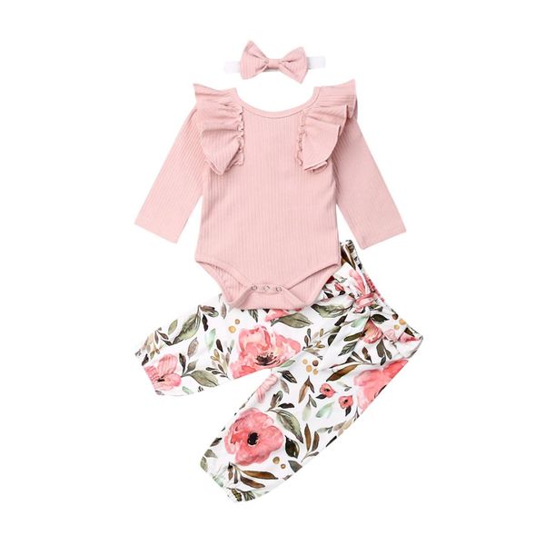 

2019 canis autumn newborn baby girl clothes ruffle romper +floral pants+headband outfit fall set, White