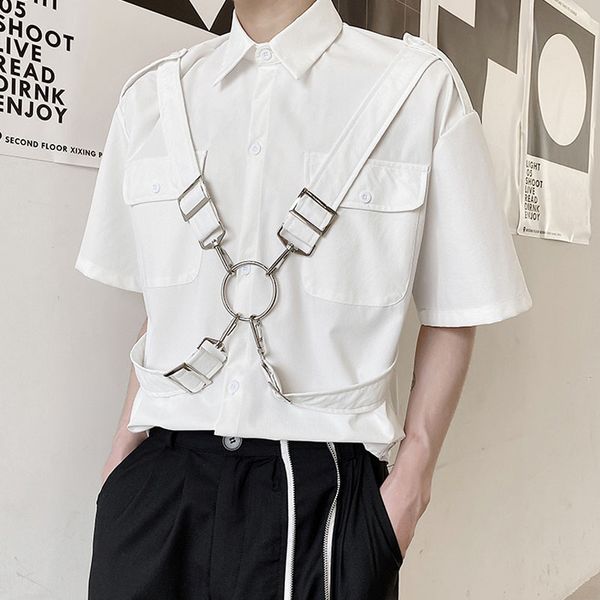 

stage clothing men iron ring bandage short sleeve casual loose shirts male japan streetwear hip hop punk shirts, White;black