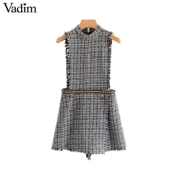 

vadim women tweed plaid playsuits with chains fringe tassels buttons back zipper rompers vintage overalls suspender shorts ka442, Black;white