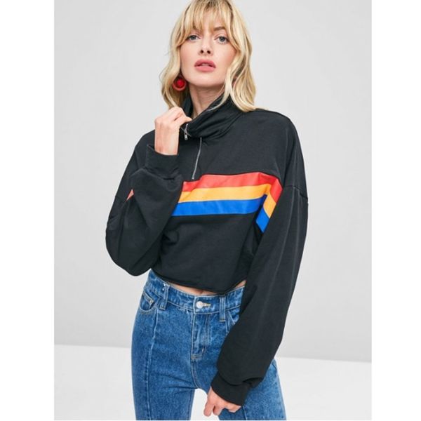 

vogue women crop short sweatshirts pullovers lady long sleeve cropped zip front rainbow striped hoodies female fashion hoody, Black