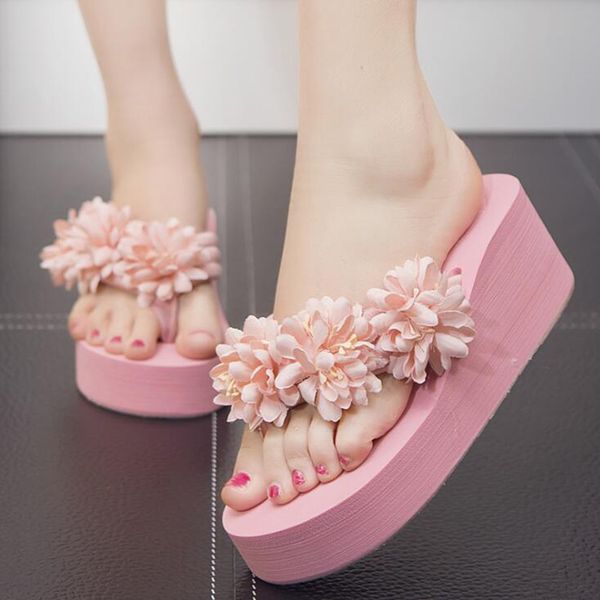 

summer platform women flip flops fashion flower sandals wedge outdoor slipper beach shoes for female shoes woman b222, Black