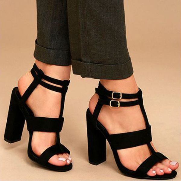

teahoo summer gladiator sandals women buckle strap high heels pumps women sandals 2020 fashion party dress shoes plus size  11, Black
