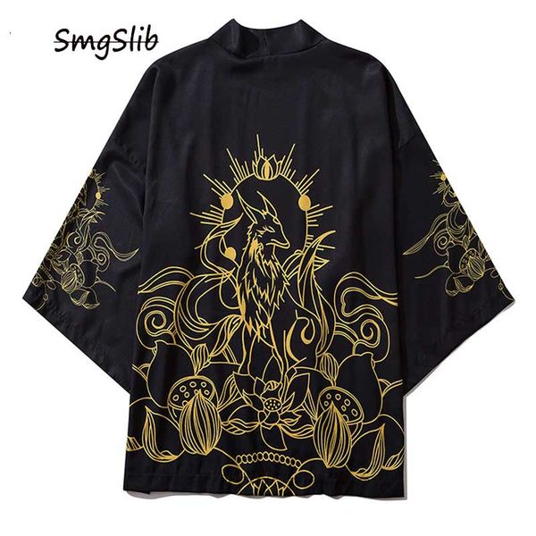 

2020 lotus flowers print japanese kimono cardigan jacket coats harajuku hip hop casual loose streetwear shirts jackets, Black;brown