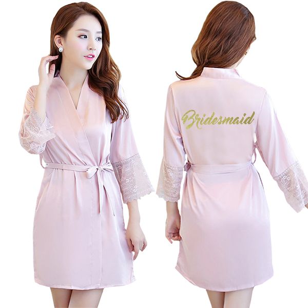 

lace sleeve women nightwear robes plus size gold letter wedding kimono satin silk female bathrobes bridemaids robes, Black;red