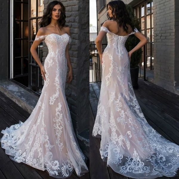 

Berta 2019 Sexy Off Shoulder Обнаженная И Слоновая Кость Русалка Свадебные Платья Кружева Апп