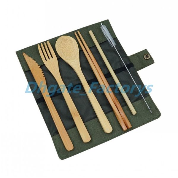 

7pc et wooden dinnerware et bamboo tea poon fork oup knife catering cutlery et with cloth bag kitchen cooking tool uten il
