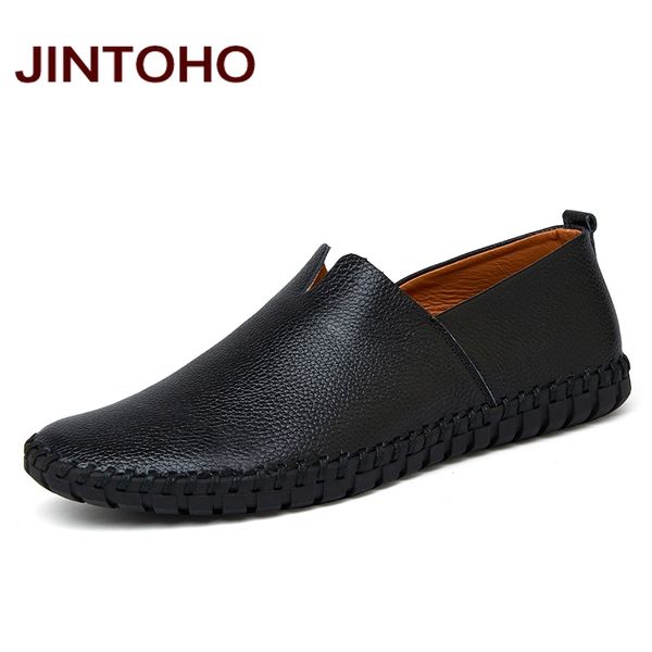

jintoho big size men genuine leather shoes fashion slip on shoes for men italian leather loafers brand, Black
