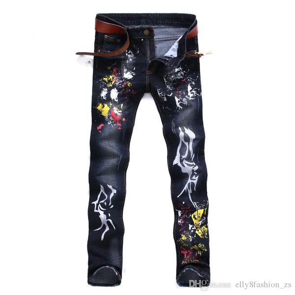 

мода 30-38 размер прямая краска джинсы мужчины взрослые черная краска мужские джинсы стрейч тонкие джинсы персонализированные ручной роспись, Blue