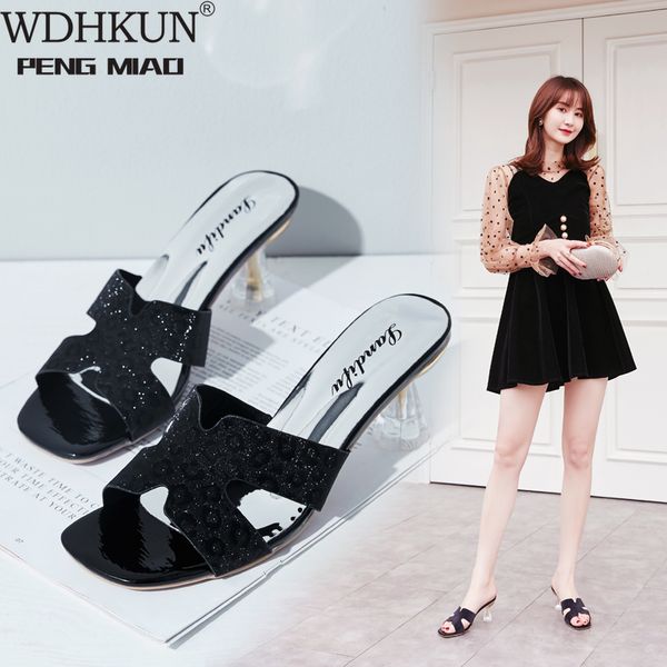 

2020 summer bling slippers women fashion thick bright leather wear beach sandals comfortable casual outside med heels h shoes, Black