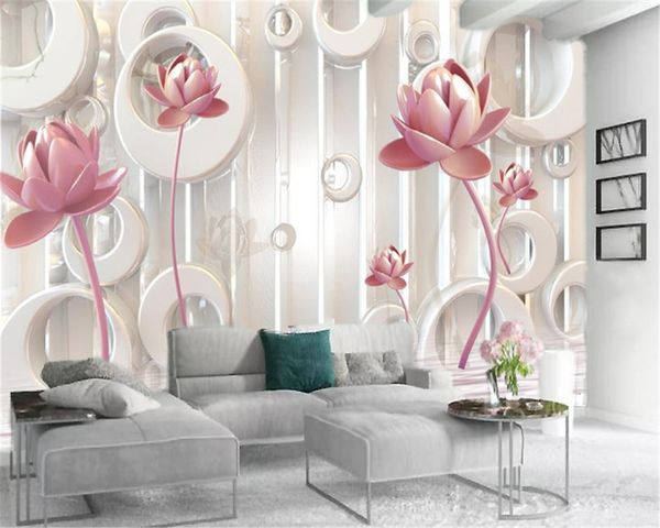 Carta da parati personalizzata con fiori 3d Carta da parati in seta HD di moda squisita moderna in rilievo 3d con lago di loto rosa