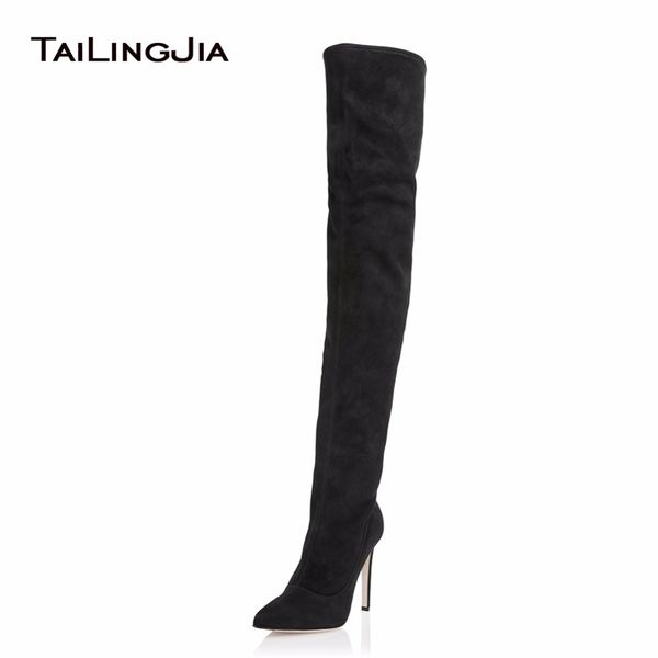 

women high heel black stretch suede over knee thigh high boots ladies pointed toe heel winter keep warm shoes ing