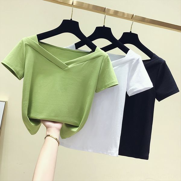 

757 fruit green v-neck slim short-d female t-shirt summer 2019 scheming sleeve clip t-shirt sleeve clip minority half-sleeved ins short jack, White
