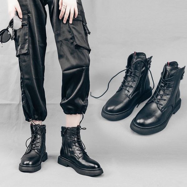 

lzj 2019 botas women motorcycle ankle boots wedges female lace up platforms autumn winter leather oxford shoes woman high heels, Black
