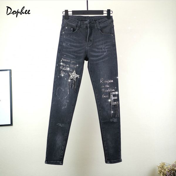 

2019 new diamond letter black jeans women autumn winter tassel high waist jeans women slim streetwear denim, Blue