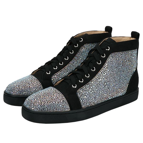

fashion suede leather men casual shoes rhinestone mens casual high lace up sneakers flat loafers footwear runway chaussures hommes, Black