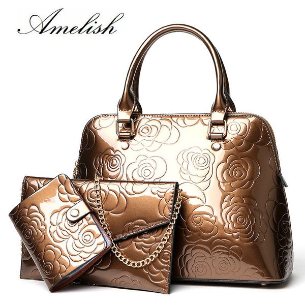 

patent leather women handbag luxury flower 3 sets ladies composite bag fashion shell bags for women shoulder clutch