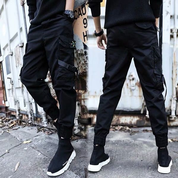 

человек jogger камуфляж боковые карманы sweatpants мода 2020 high street casual pants рыхлой людей типа, Black