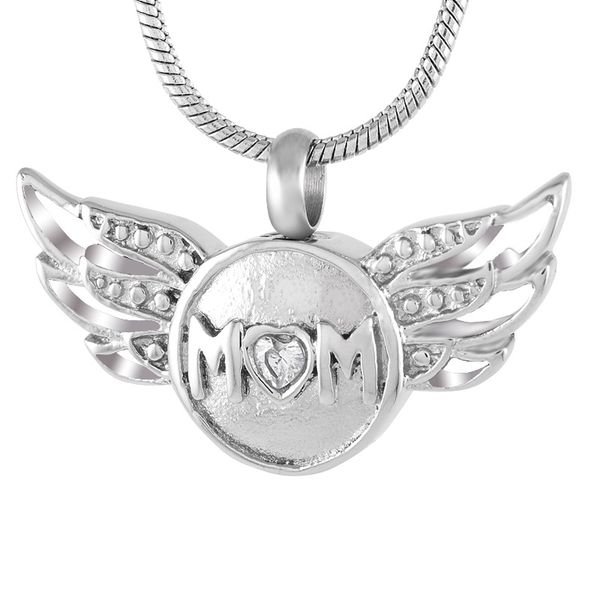 

angel mom wings round cremation pendant necklace stainless steel for ashes keepsake memorial urn jewelry ijd9217, Silver