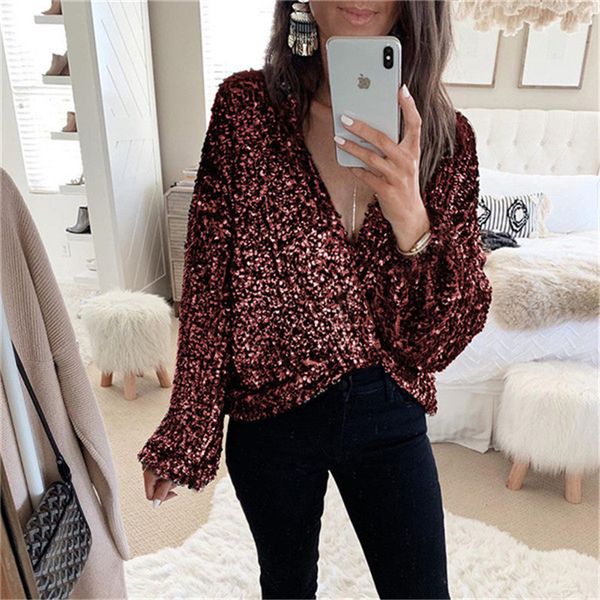 

sequins designer shirts women loose club cardigan v neck long sleeved shirts fashion women shirts, White