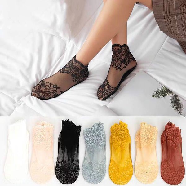 

women's summer lace deep-mouth rose boat socks versatile thin lace boat socks, Pink;yellow
