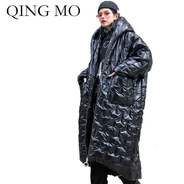 

qing mo black silver women hooded parkas 2019 women winter irregular parkas female glossy outwear thick loose zqy2241