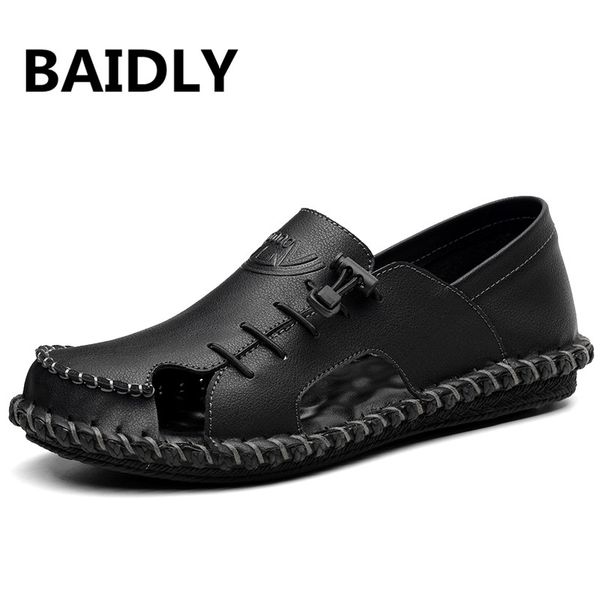

men sandals genuine leather male summer shoes outdoor leather casual shoes fashion breathable slippers, Black