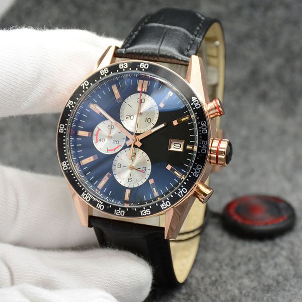

all subdials working quartz chronograph accurate gold case date mens watches watch 43.5mm black dial with black leather band, Slivery;brown