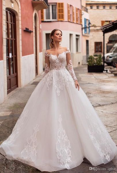 

naviblue princess wedding dresses scoop neck long sleeve lace bridal gowns abiti da sposa saudi custom illusion wedding dress wa021, White