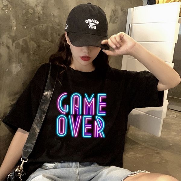 

женщины футболки game over печать вершины harajuku ulzzang хип-хоп летом с коротким рукавом большого размером женского streetwear черных мод, White