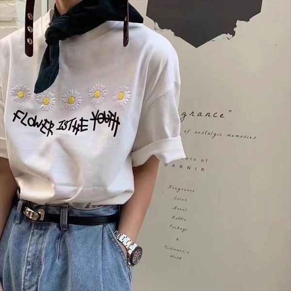 

western style half-sleeve daisy letter short-sleeved t-shirt women's base shirt versatile loose fashion, White