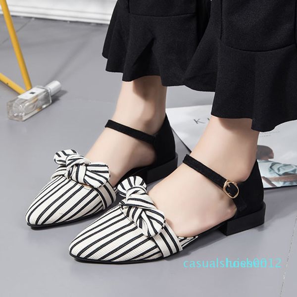 

summer women sandals pointed toe ankle strap sandals striped flat woman flats bow ladies shoes zapatos mujer l12, Black