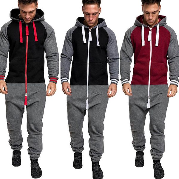 

3xl men plicing hoodie print long sleeve pockets pure color zipper autumn winter scasual print gray black red jumpsuit -3xl