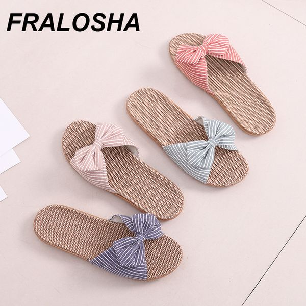 

2020 japanese style fashion bow style summer home linen slippers breathable nnon-slip soles women's flat shoes women's slipper, Black