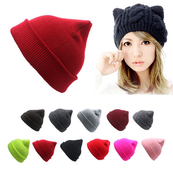 

fashion winter women hat hip-hop girls knitted beanie hat cute bear ear solid color hip-hop bonnet outdoor ski cap
