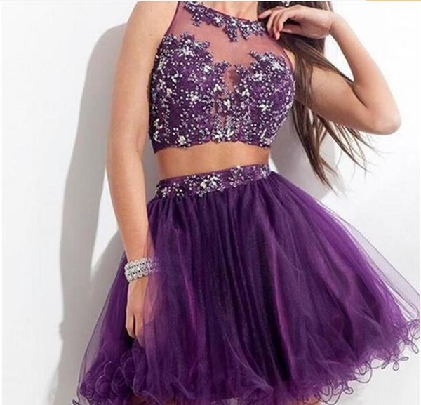 

new purple short two pieces homecoming dresses beaded crystal appliques a-line prom cocktail graduation gown q41, Red