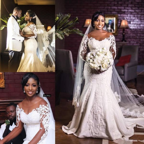 

amazing beaded mermaid lace wedding dresses sheer bateau neck bridal gowns with long sleeves sweep train plus size trumpet robe de mariÃ©e, White