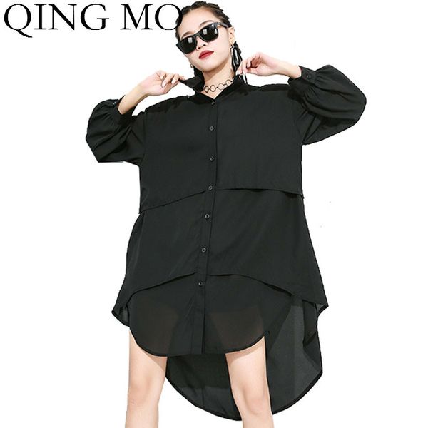 

qing mo spring women blouse dress 2019 women black irregular dress turn down collar full sleeve plus size zqy2543, Black;gray