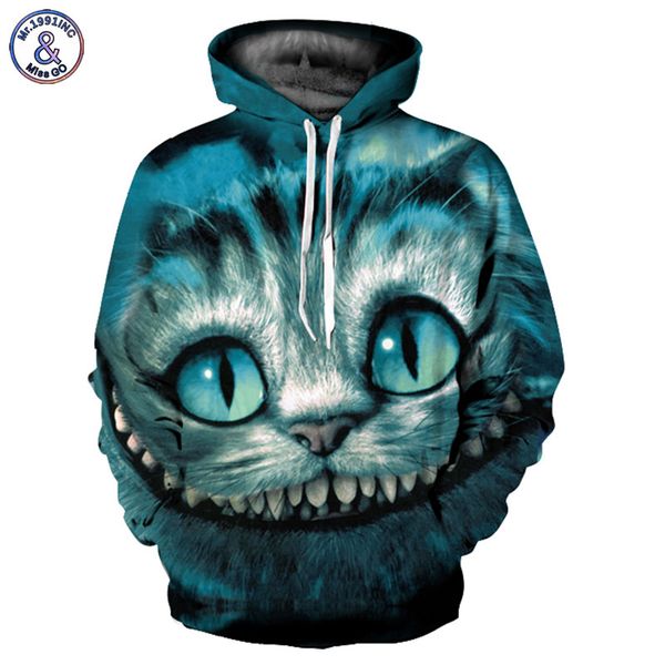 

mr.1991inc new arrivals men/women 3d sweatshirts print cheshire cat thin hooded hoodies casual hoody pullovers yxql083, Black