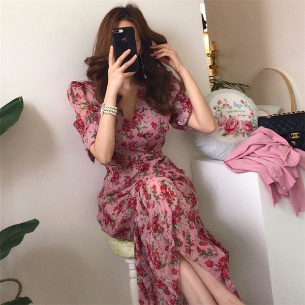 

bgteever vintage v-образным вырезом ruched платья лета женщин тонкой талии цветочные печати длинное платье элегантное лето с коротким рукаво, Black;pink