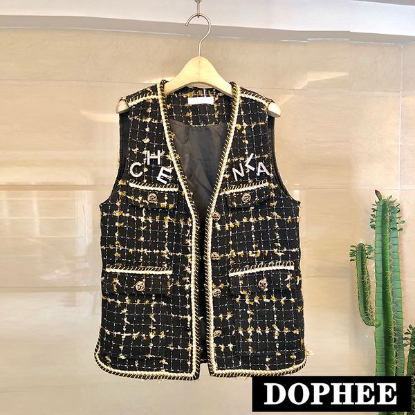 

2019 new spring fall retro gold silk plaid outside vest women's short tweed jacket small fragrance diamond waistcoat, Black;white