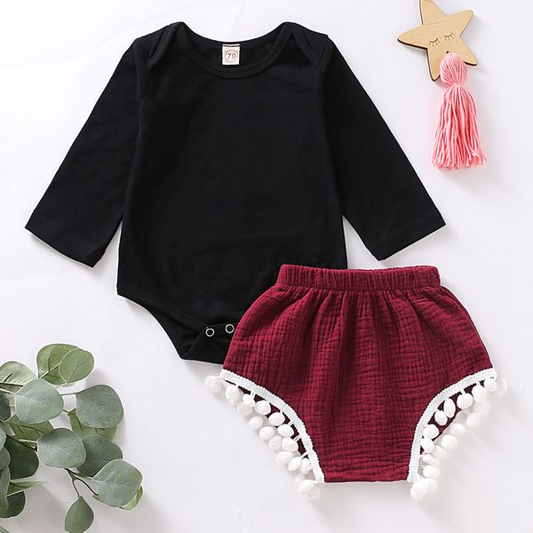 

clothes for children kids cute baby girls long sleeve romper bodysuit tassel shorts 2pc outfits sets conjunto infantil 2019, White